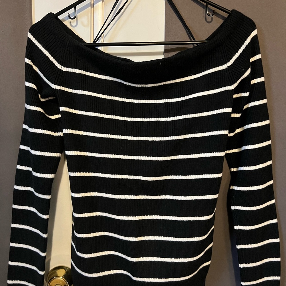 Black and White Striped Off-Shoulder Sweater